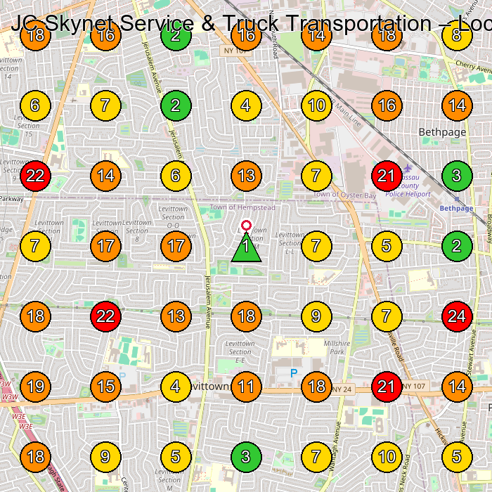JC Skynet Service & Truck Transportation Companie De Transport Cu Autocamioane GeoGrid ranking map for Hicksville NY